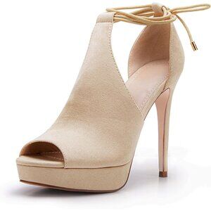👑Women's 1-Beige Peep Toe Platform Stiletto Heels Lace-Up Strappy Dress Sandals